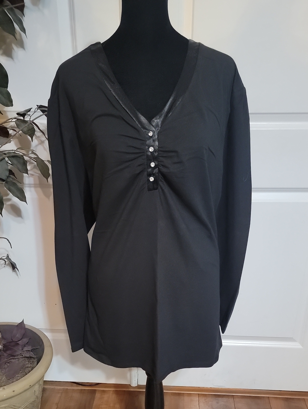 Just My Size Black Long-Sleeve V-Neck Top with Button Accents